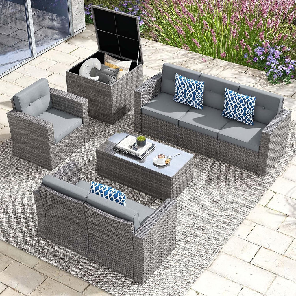 Super Patio 8 Pieces Outdoor Patio Furniture Set, Wicker Patio Conversation Sets with Storage Box, Rattan Outdoor Sectional Sofa Set with Cushions and Coffee Table for Outside Porch, Deck, Gray