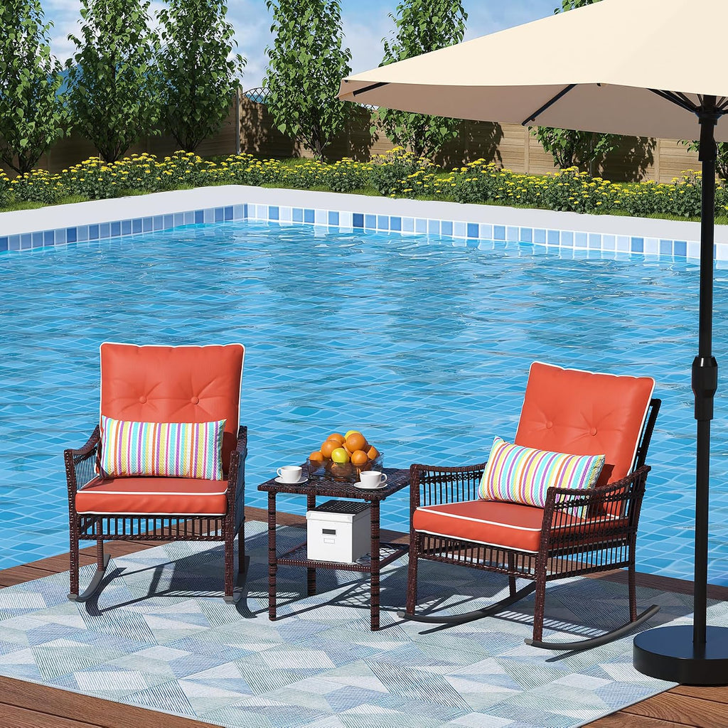 DECMICO Outdoor Rocking Chairs 3 Pieces Patio Conversation Front Porch Furniture, Wicker Rocking Chairs Bistro Set with Coffee Table and Cushions for Garden and Balcony, Orange