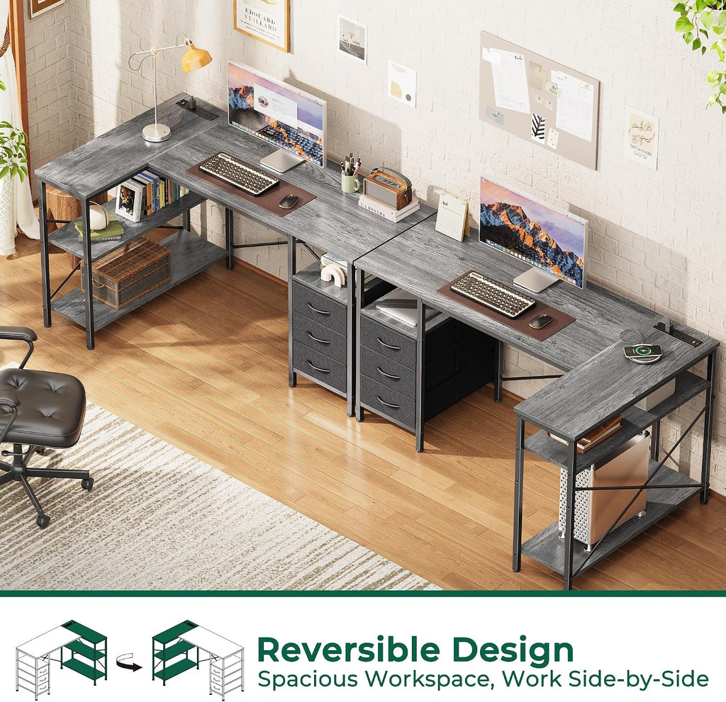 Huuger L Shaped Office Desk with Power Outlets, 47 Inch Computer Desk with 3 Drawers, Shelves, for Gaming, Corner Work, Home Office, Study, Grey