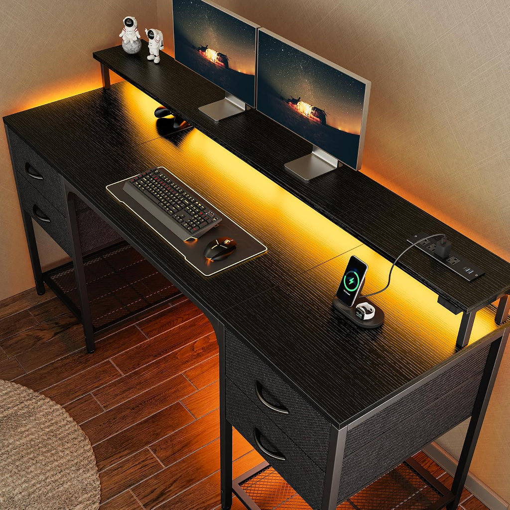 Huuger 63 inch Computer Desk with 4 Drawers, Gaming Desk with LED Lights & Power Outlets, Home Office Desk with Large Storage Space for Bedroom, Work from Home, Black