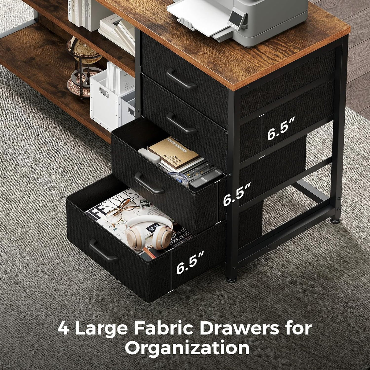 AODK 69' L Shaped Desk with Drawer, Computer Desk with Power Outlets & LED Lights, Reversible Corner Gaming Desks for Home Office Workstation, Office Table with Monitor Shelf, Vintage