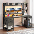 DWVO Computer Desk with Drawers & Hutch, 59.1' Office Desk with Power Outlets & LED Lights, Home Office Desk with Storage Shelves, Grey