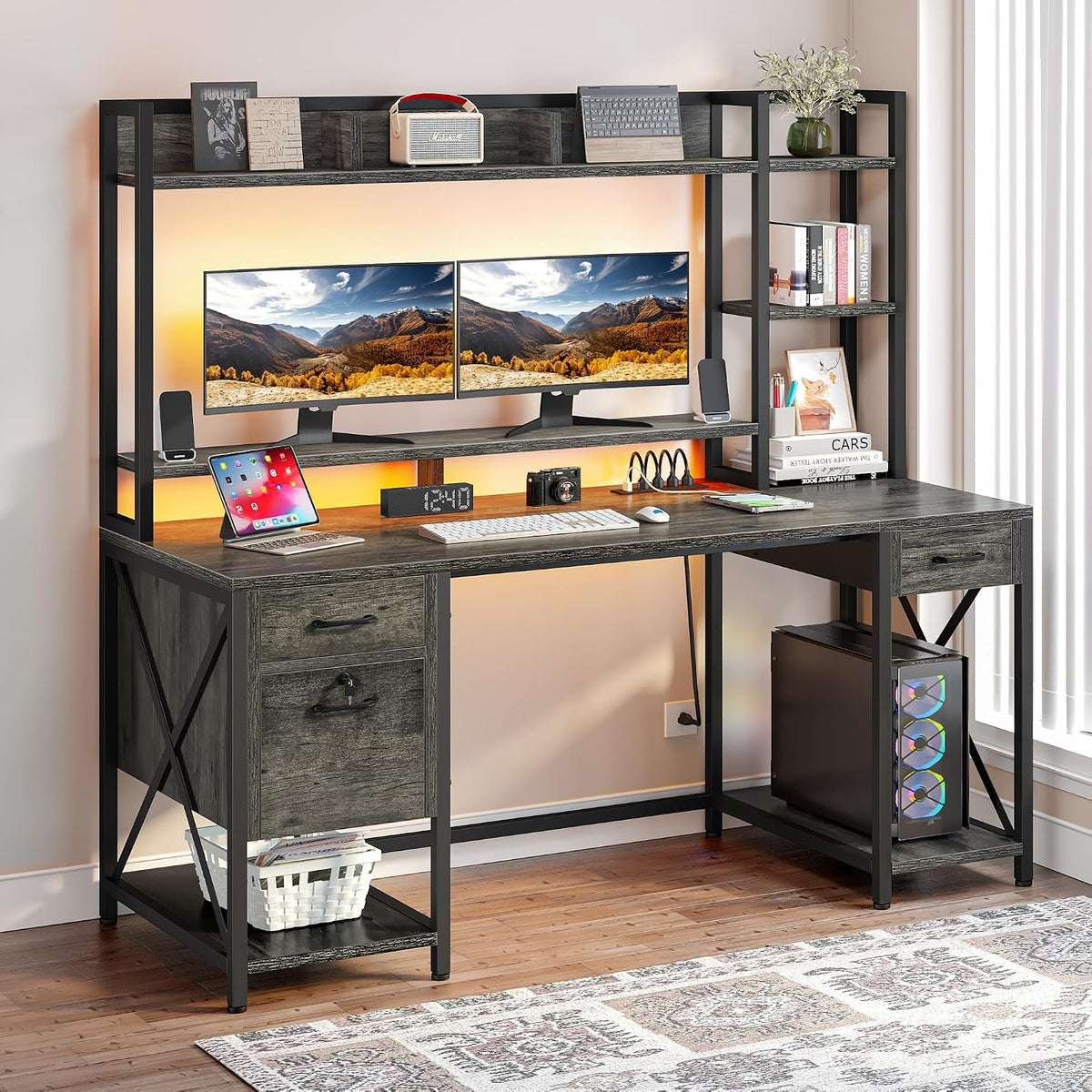 DWVO Computer Desk with Drawers & Hutch, 59.1' Office Desk with Power Outlets & LED Lights, Home Office Desk with Storage Shelves, Grey