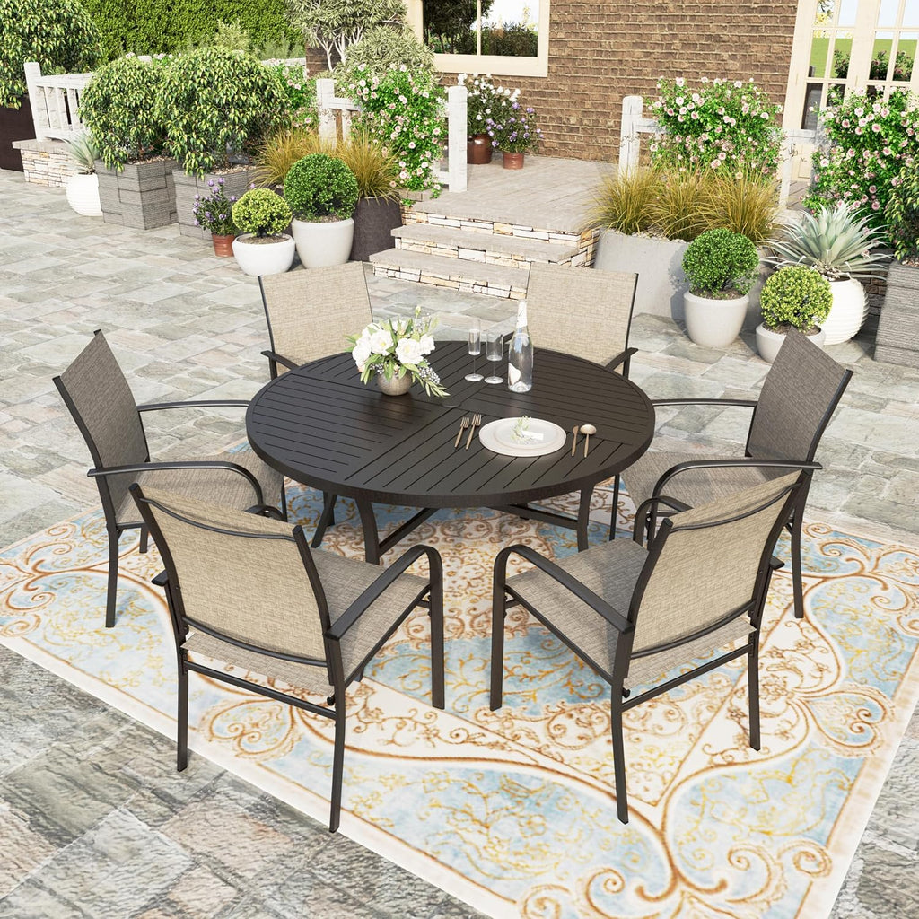 HERA'S HOUSE Round Patio Table and Chairs, 7 Pieces Outdoor Dining Set, All Weather Metal Patio Table Sets with Umbrella Hole, Brown