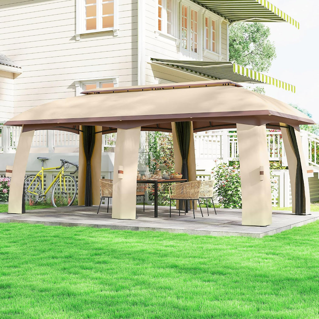 Outsunny 10' x 20' Patio Gazebo, Outdoor Gazebo Canopy Shelter with Netting, Vented Roof, Steel Frame for Garden, Lawn, Backyard, and Deck, Beige