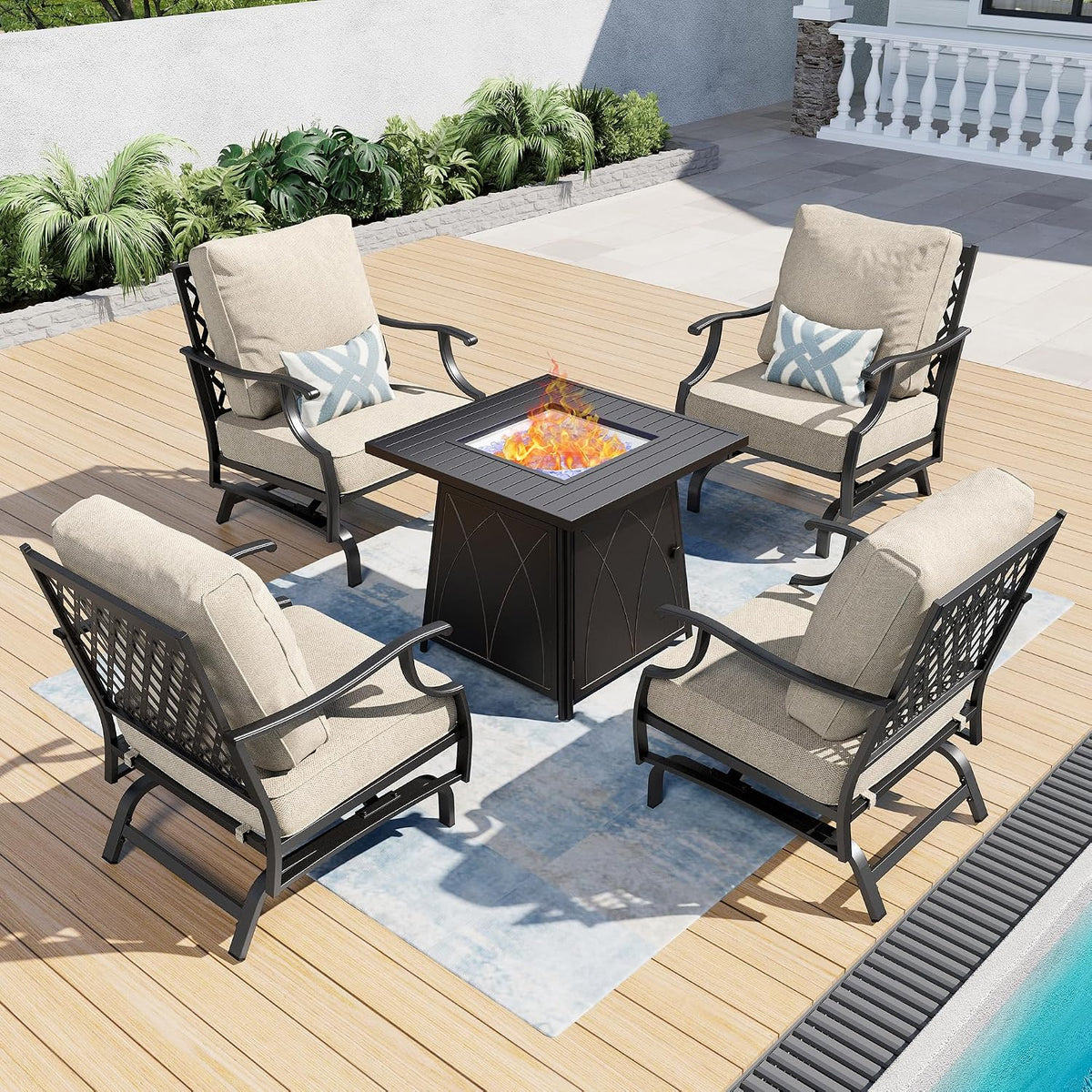 SUNSHINE VALLEY Patio Furniture Set with Firepit Table, 5 Piece Metal Outdoor Patio Furniture Set for 4, 4 Rocking Chairs with 5.75' Extra Thick Cushion and Gas Firepit Table for Backyard Deck Garden