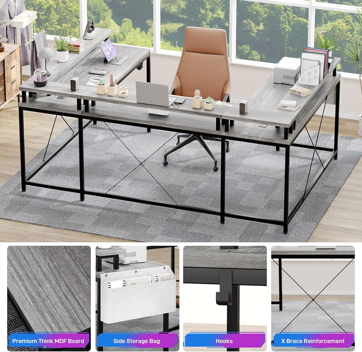 Jojoka U Shaped Computer Gaming Desk, Reversible L Shaped Desk with Power Outlets, LED Strip & Monitor Stand, Large Corner Desk with Storage Shelves for Home Office, Grey Oak