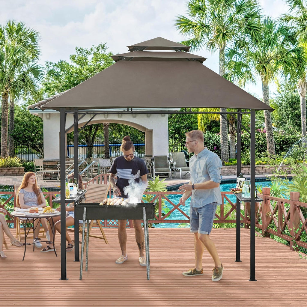 Yaheetech 8x5' Grill Gazebo, 3-Tier Outdoor BBQ Gazebo with Height-Adjustable Shelves & 10 S-Shaped Hooks & Built-in Bottle Opener, Brown