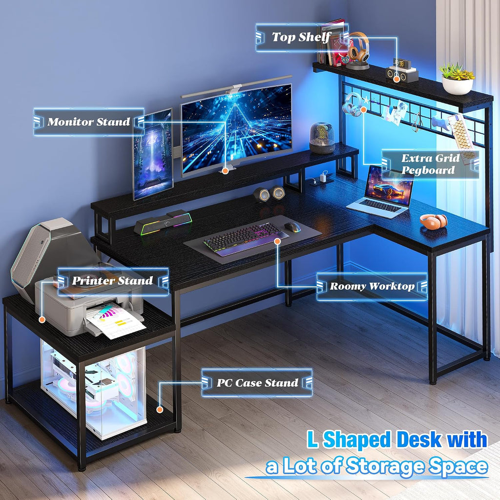 EnHomee 56' Medium L Shaped Gaming Desk with LED & Power Outlets,Computer Desk with Monitor Stand & Print Stand for Home Office,Reversible Corner Gaming Table with Storage Shelf & Hooks,Black