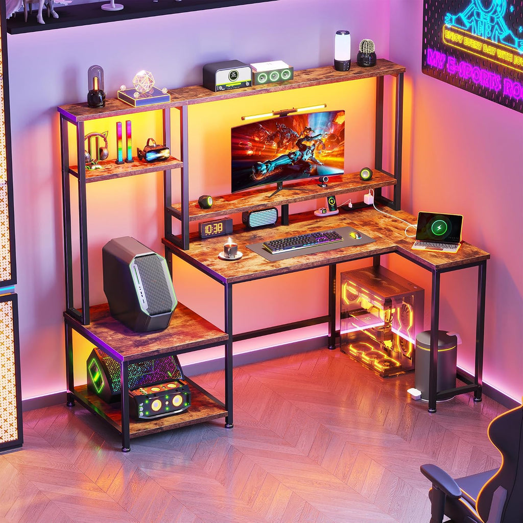 DurayLoly Computer Desk with LED Lights & Outlets,55' L Shaped Gaming Desk with Shelves & Storage Hutch,Reversible Corner Gaming Table with Printer Space & Monitor Stand for Home Office,Rustic Brown