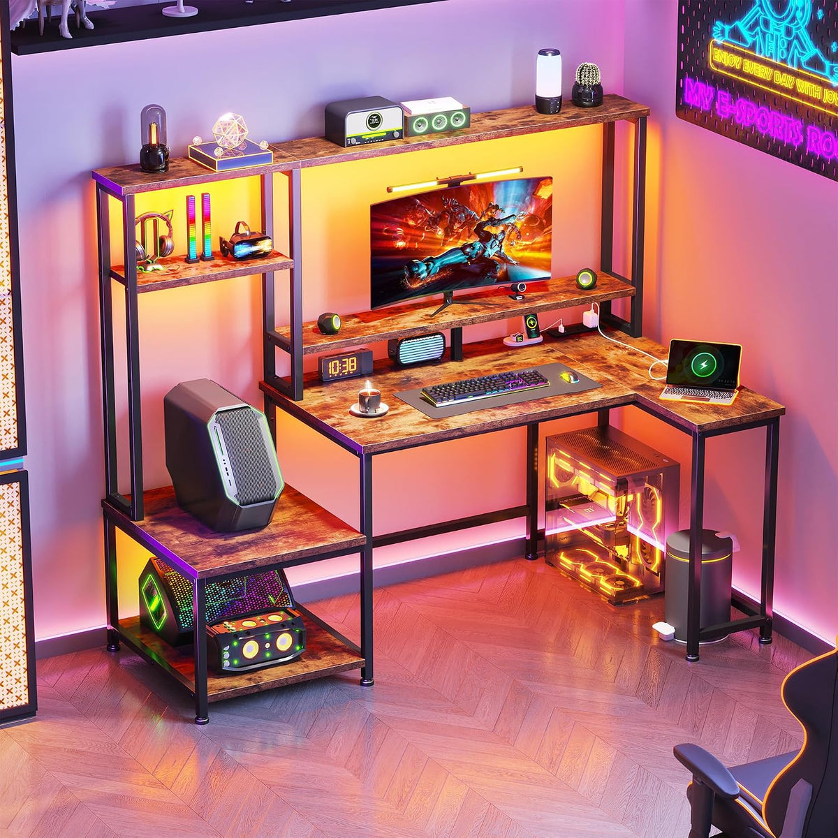 DurayLoly Computer Desk with LED Lights & Outlets,55' L Shaped Gaming Desk with Shelves & Storage Hutch,Reversible Corner Gaming Table with Printer Space & Monitor Stand for Home Office,Rustic Brown