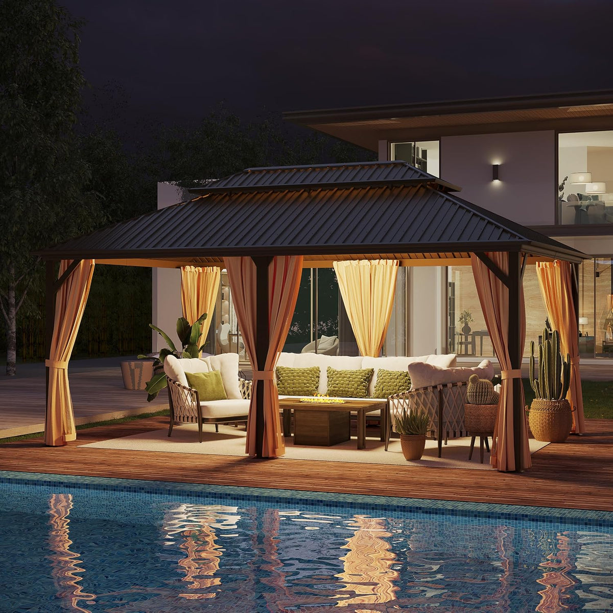 12x18 ft Hardtop Gazebo Outdoor Aluminum Patio Gazebo Double Roof Galvanized Steel Canopy with Netting and Curtains for Garden, Backyard, Deck and Lawns.