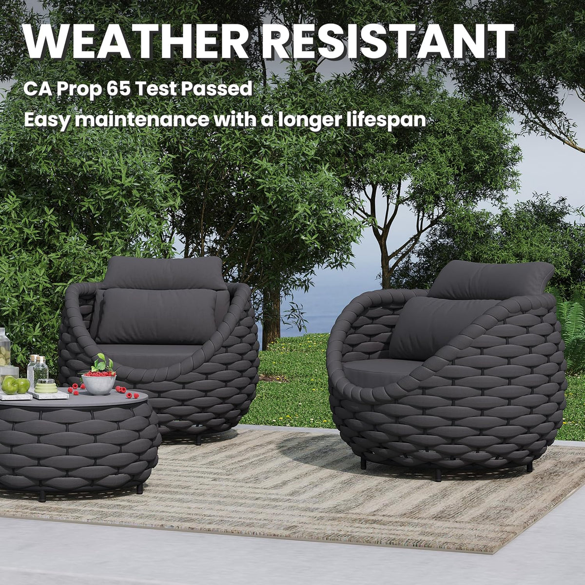 Deck Furniture Set: 3 Pieces Aluminum Woven Rope Patio Conversation Sofa Set for 2, Comfy Cushions Couch Armchair Table Set Assembled, 400lbs for Porch Balcony Pool Bistro Yard Hotel - Dark Gray