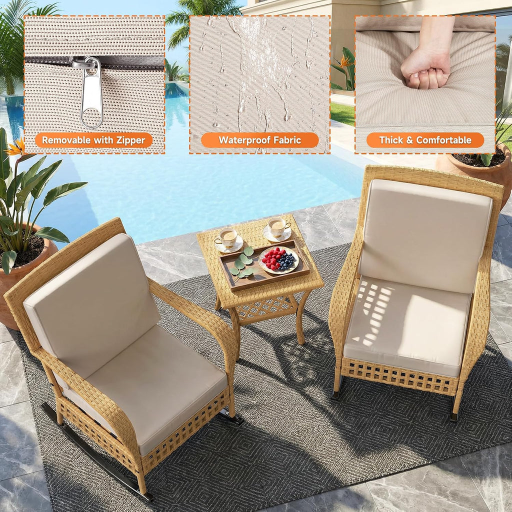 DECMICO Outdoor Rocking Chair, 3 Pieces Wicker Rocking Bistro Set with Rattan Table, Rattan Rocking Chairs with Washable Cushions, Outdoor Wicker Chair for Garden Backyard Porch Poolside