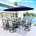 MFSTUDIO Outdoor Dining Set for 6, Patio Furniture Set with Navy Umbrella (Base not Included), Rectangle Metal Table and 6 Swivel Chairs for Patio, Deck, Backyard, Garden