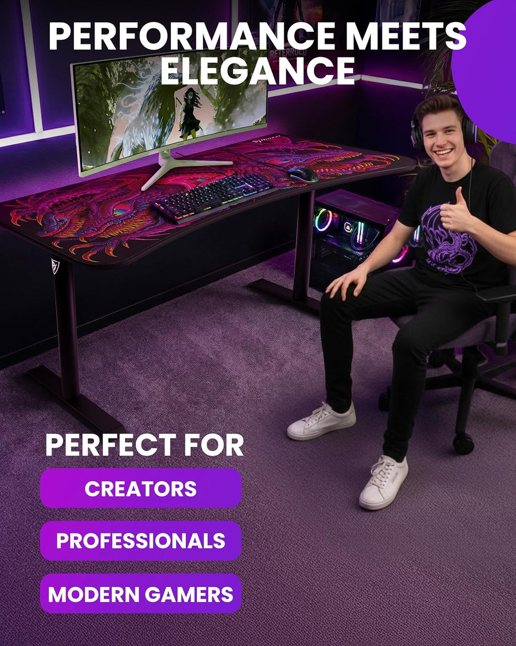 Arozzi Arena Special Edition Ultrawide Curved Gaming and Office Desk with Full Surface Water Resistant Desk Mat Custom Monitor Mount Cable Management Cut Outs - Crawling Chaos