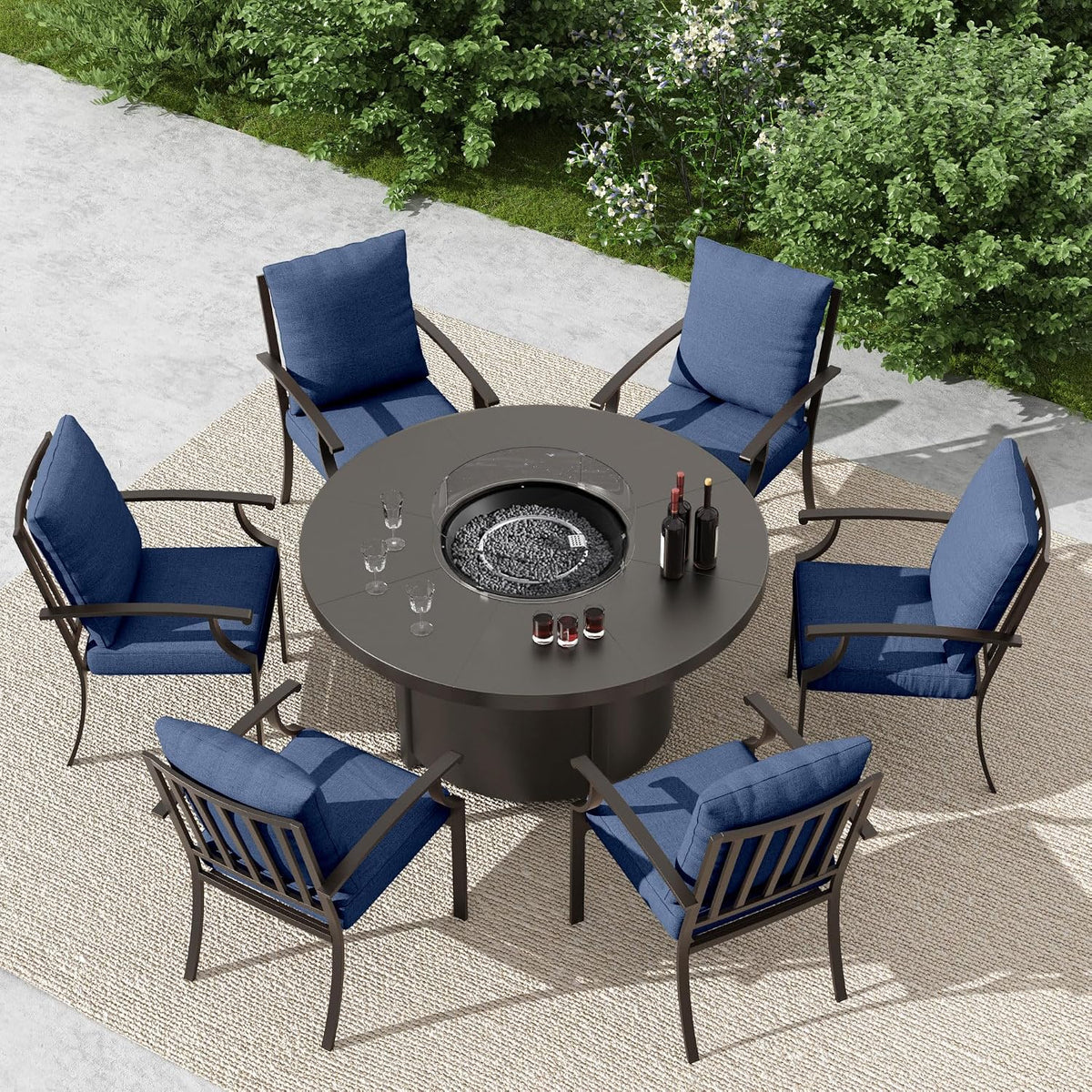 7 Pcs Outdoor Patio Furniture Set with 48'/55000 BTU Outdoor Round Propane Fire Pit Table,Patio Conversation Sets 6 Fixed Chairs No-Slip Cushions and Waterproof Covers,NavyBlue