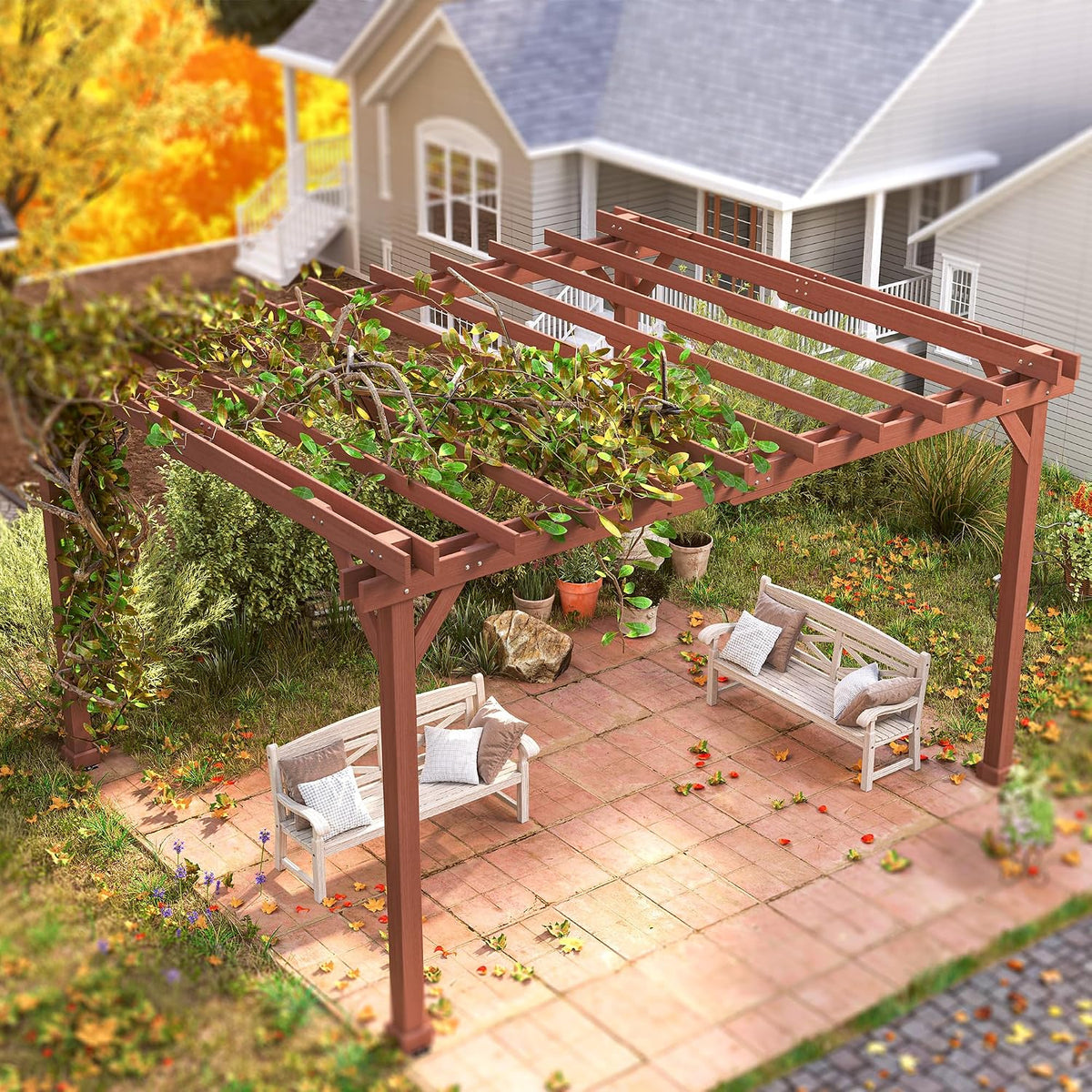 Outsunny 11' x 12.5' Outdoor Pergola, Wood Pergola Gazebo Grape Trellis with Stable Structure for Climbing Plant Support, Patio, Deck, Backyard, Lawn
