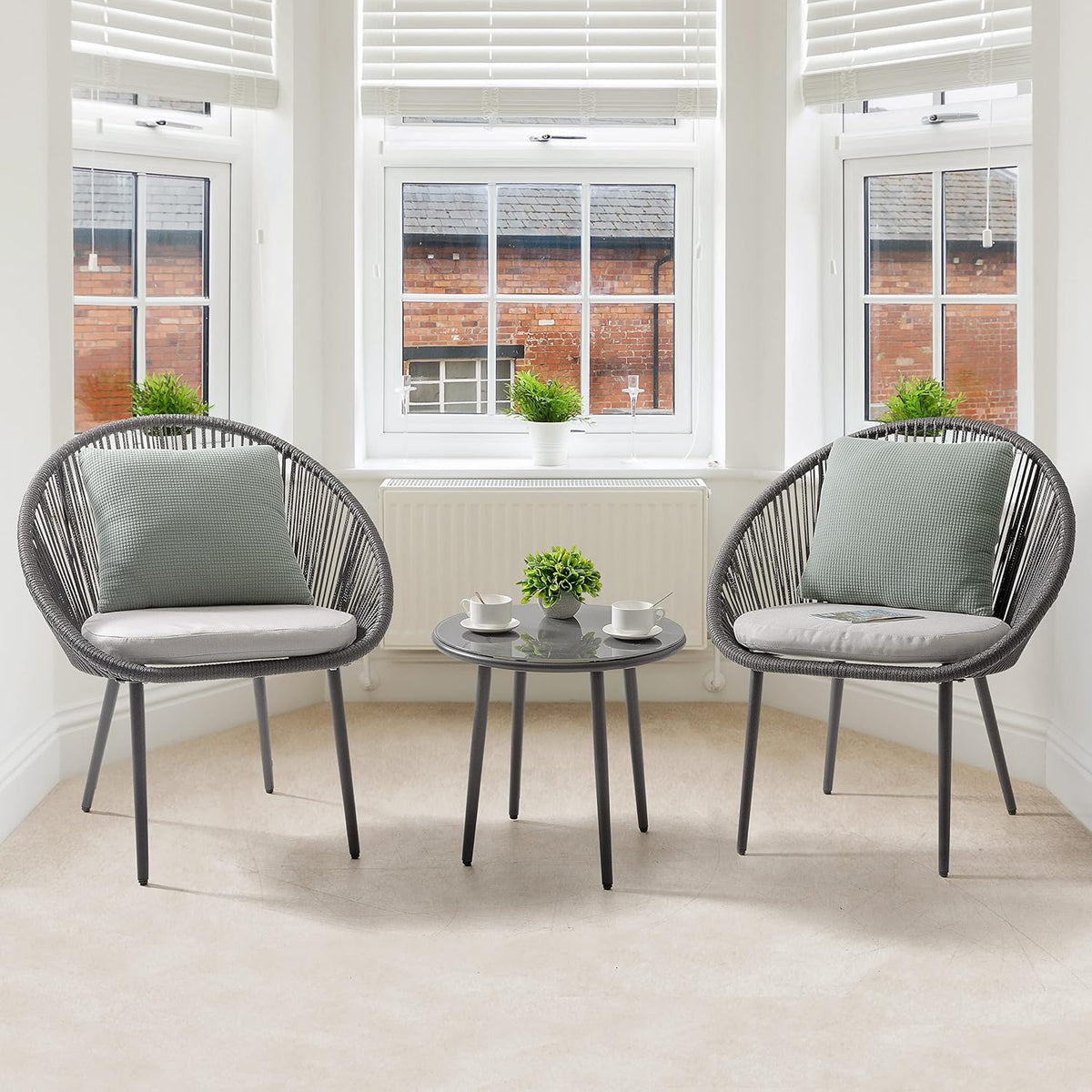 NUU GARDEN 3 Piece Outdoor Bistro Set, Woven Rope Conversation Patio Set, All Weather Patio Furniture Chairs and Table with Cushions for Garden, Deck, Backyard, Balcony, Porch, Dark Gray