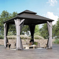 8.5'x8.5' Hardtop Wood Gazebo, Outdoor Double Roof Galvanized Steel Top Gazebo with Wooden Post, Curtains & Netting for Backyard, Patio, Deck (8.5x8.5 FT)