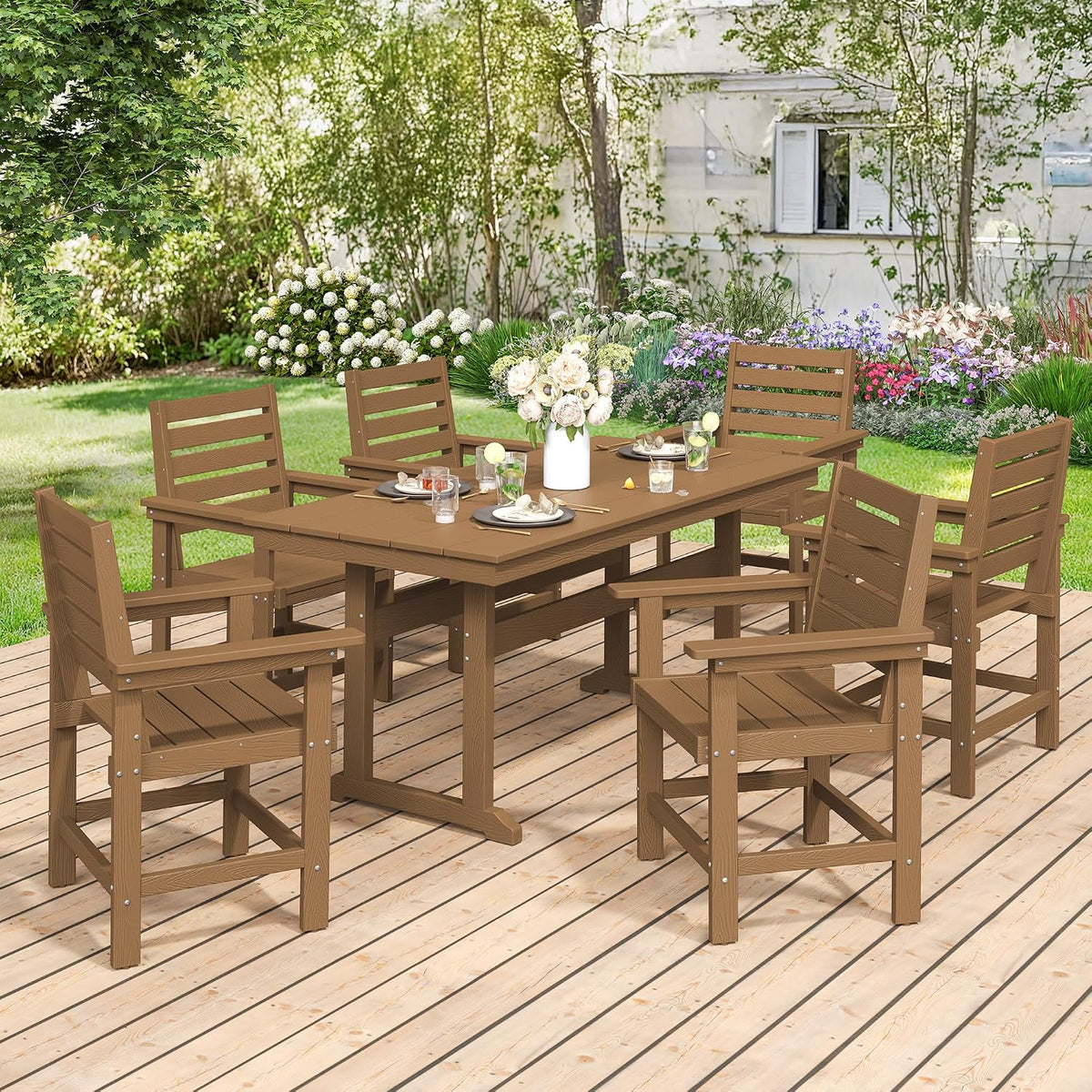 7 Piece Outdoor Dining Set, HDPS Patio Table and Chairs Set, 66' Patio Table with 1.96' Umbrella Hole & 6 Chairs, All Weather Furniture for Garden, Backyard, Poolside (Brown)