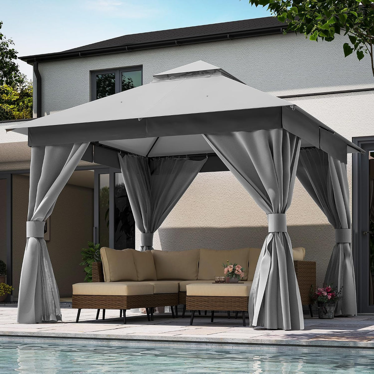 LAUSAINT HOME 10'x10' Outdoor Gazebo, Metal Frame Heavy Duty Patio Canopy Tent Shelter with Double Roofs, Mosquito Nettings and Privacy Screens for Backyard, Garden, Lawn, Gray