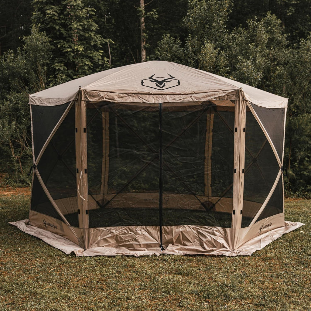Gazelle Tents™, G6 6-Sided Portable Gazebo, Easy Pop-Up Hub Screen Tent, Durable, TriTech Mesh, Waterproof, UV Resistant, 8-Person & Table, Desert Sand, 86' x 124' x 124', GG602DS
