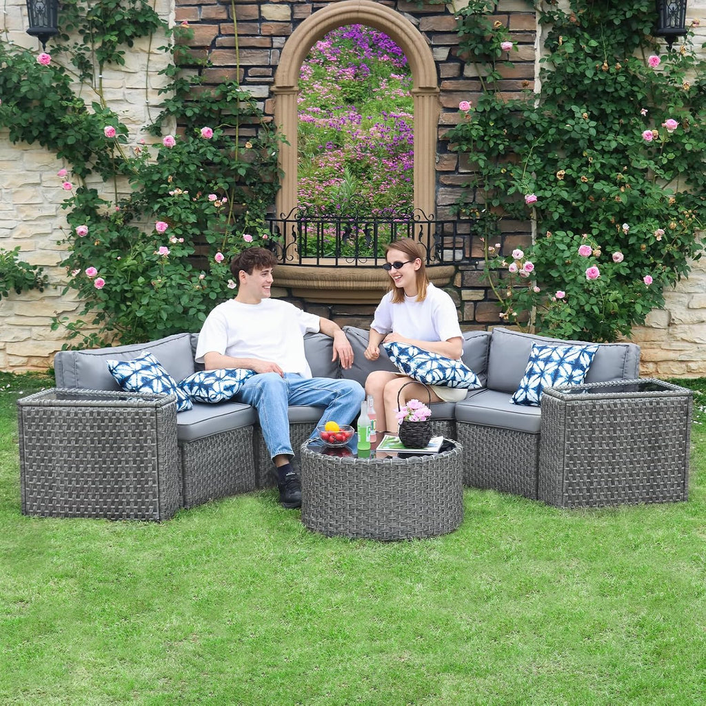 Restland Half Moon Patio Furniture Set with Tables,7 Pieces Wicker Outdoor Sectional Curved Sofas, Round Conversation Set, Grey Rattan