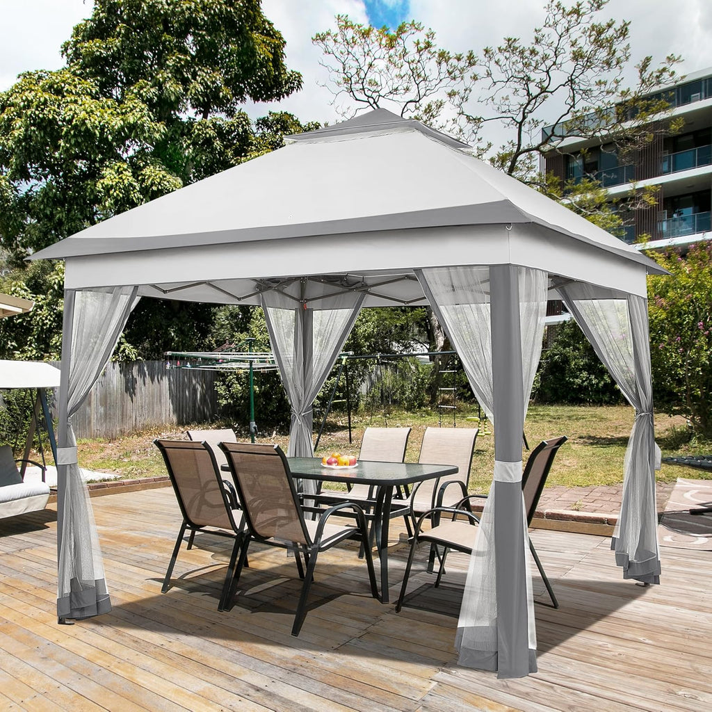 Yaheetech 11x11 Pop Up Gazebo Outdoor Canopy Shelter, Instant Patio Gazebo Sun Shade Canopy Tent with 4 Sandbags, 2 Tiers Roof & Mesh Netting for Lawn, Garden, Backyard & Deck, Gray