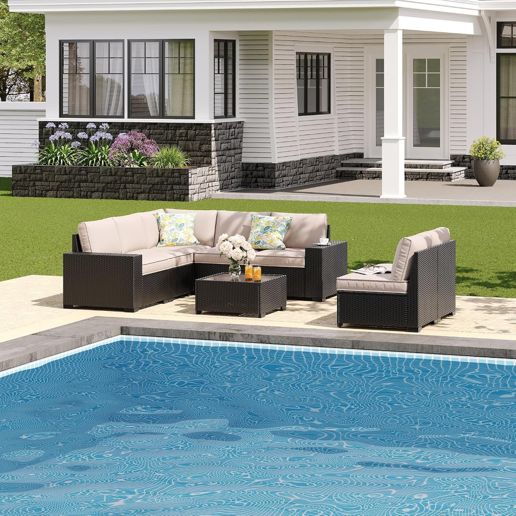 JOYURE 8 Pieces Patio Furniture Set All-Weather Outdoor Wicker Sectional Conversation Sofa Rattan Patio Seating Sofa with Cushion and Glass Table for Porch Poolside,Navy