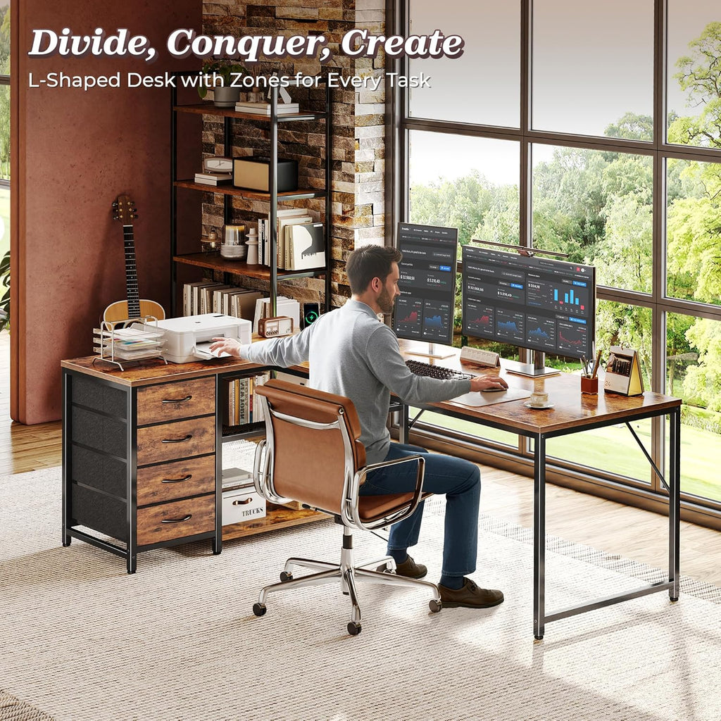 PRAISUN 61' L Shaped Desk with Power Outlets and USB-C Port, Reversible Computer Corner Office Desk with 4 Fabric Drawers and 2 Height-Adjustable Shelves, Large for Gaming Writing Study, Rustic Brown