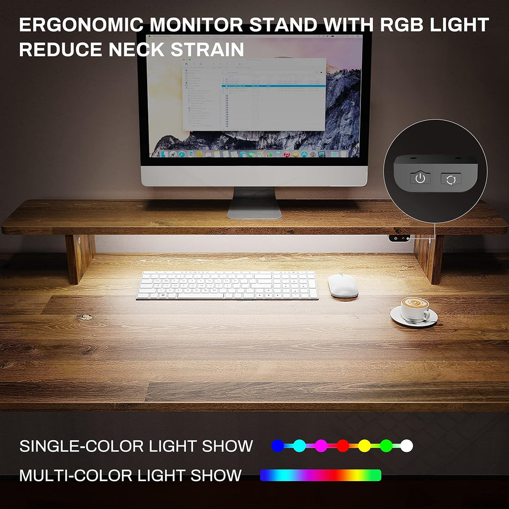 EUREKA ERGONOMIC 60 Inch Computer Desk Manual Adjustable Height Standing Desk, Home Office Desk with Monitor Stand Shelf Led Lights Strips, Computer Desk with Dual 2 Monitor Mouse Pad, Brown