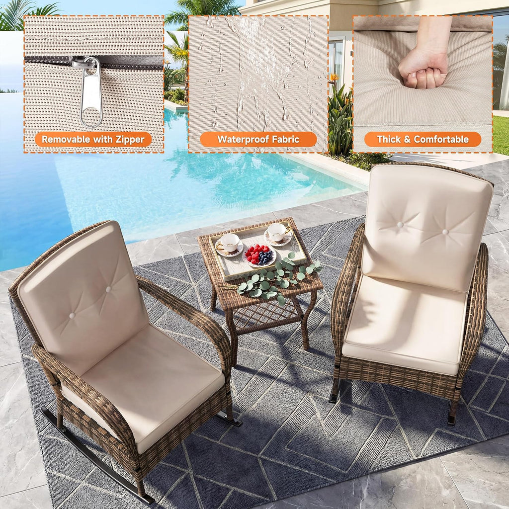 DECMICO 3 Pieces Rocking Bistro Set, Wicker Outdoor Rocking Chair with Washable Cushions, Rattan Rocking Chairs with Rattan Table, Outdoor Wicker Chair for Patio Backyard Porch Garden