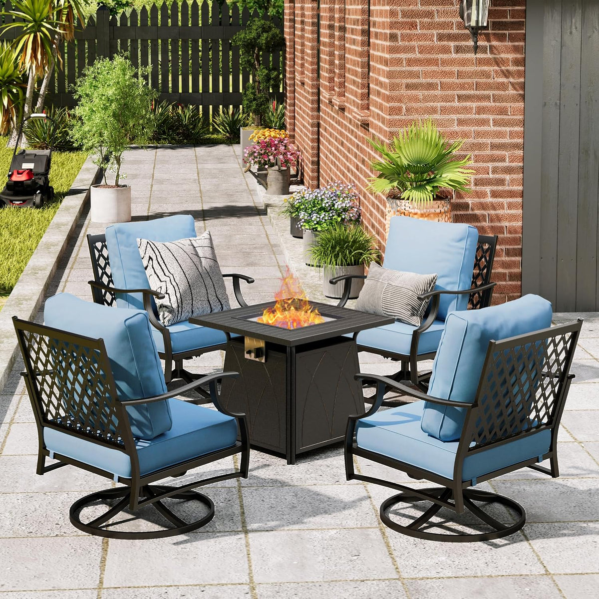 MIXPATIO Patio Furniture Set with Fire Pit Table, 5 Pcs Metal Outdoor Conversation Set, 4 Swivel Chairs with 5.75' Extra Thick Cushion and 28' Fire Pit Table for Backyard Deck, Blue