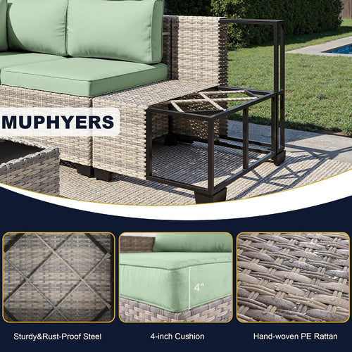 13-Piece Outdoor Patio Furniture Set with Rocking Swivel Chair, Wicker Rattan Sectional Sofa Conversation Set with Tempered Glass Table, Backyard Furniture, Light Green