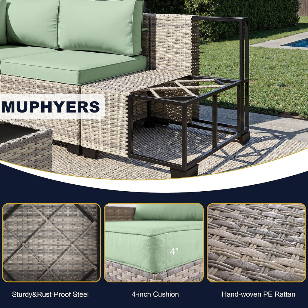 7-Piece Outdoor Patio Furniture Set, PE Wicker Rattan Sectional Sofa Conversation Set with Tempered Glass Table & Thick Cushions - All-Weather Garden, Backyard Furniture, Light Green
