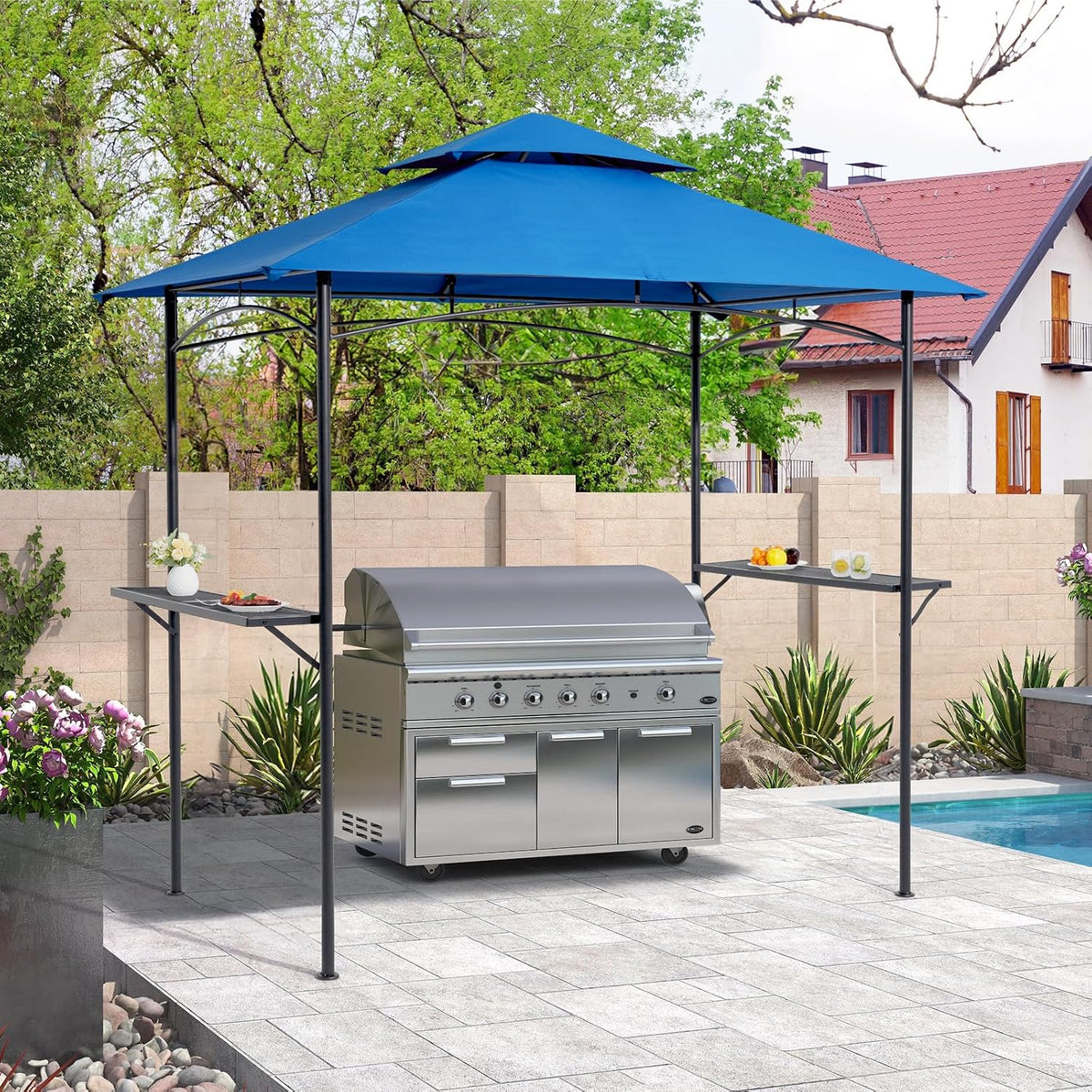 COBANA Grill Gazebo 8'x 5' Outdoor Patio Backyard BBQ Grill Shelter Double Tiered Soft Canopy Top with Steel Frame and Bar Counters, Blue