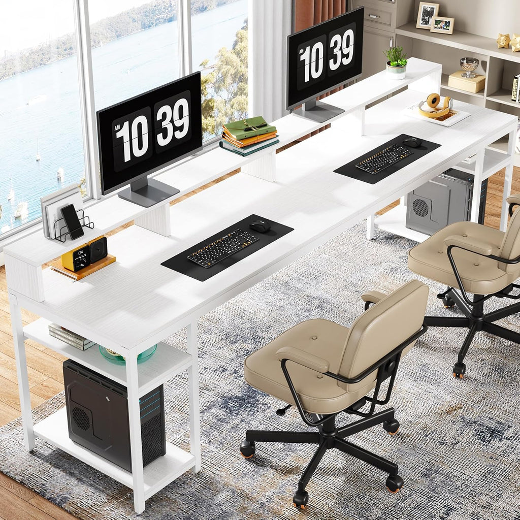 Tribesigns Two Person Desk with Monitor Stand, 78.74' Long Double Computer Office Desk with Storage Shelves, Large Gaming Desk Study Writing Table Workstation for Home Office (White)