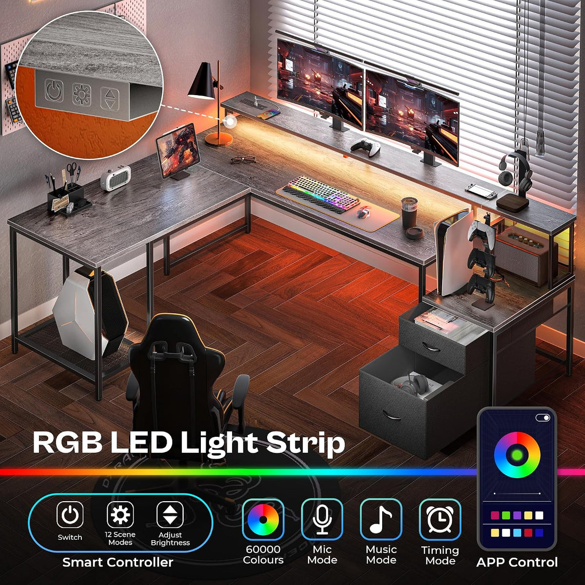 PRAISUN 66' L Shaped Gaming Desk with LED Lights & Power Outlets, Computer Desk with Fabric Drawers and Print Stand, Corner Office Desk, Monitor Stand, Mesh CPU Stand, Grey
