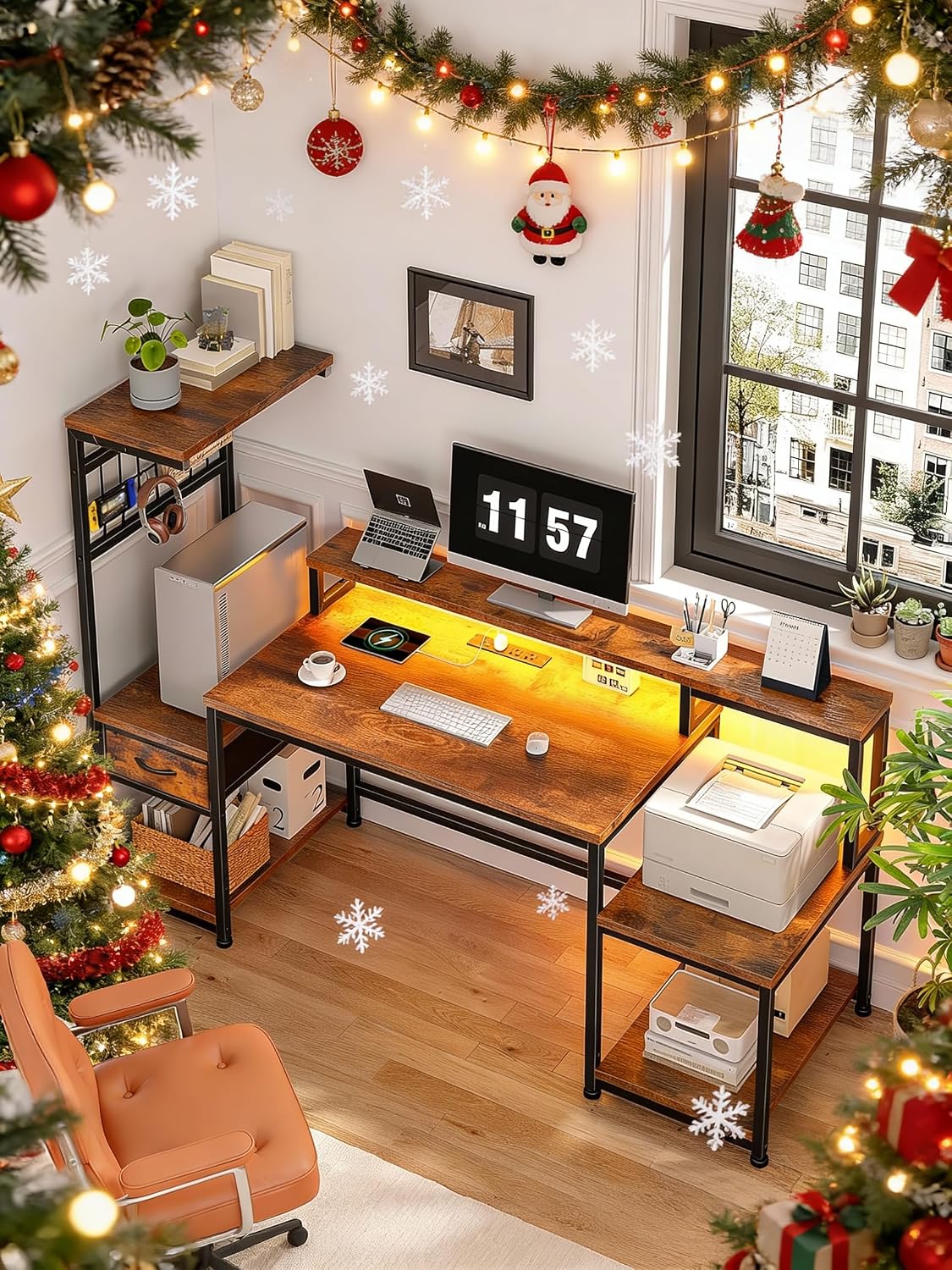 DurayLoly 63' Computer Desk with LED Lights & Outlets,Office Desk with Drawers & Monitor Stand,Gaming Desk with 3 Storage Shelves, Hooks& Printer Space for Game&Study Room,Home Office,Bedroom,Brown