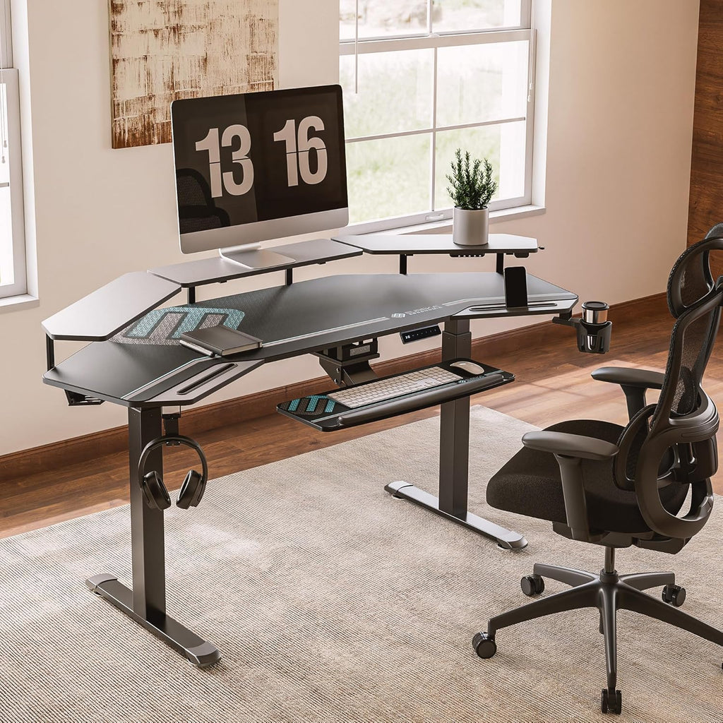 EUREKA ERGONOMIC Gaming Desk, Standing Desk w Keyboard Tray, 72' Wing Shaped Music Studio Table with LED Shelves, Gaming Recording Live Stream, Slot Design