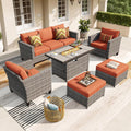 ovios 6 Pieces Patio Furniture Set with 42' Fire Pit Table, Outdoor Wicker Sofa with Comfy Cushions, All Weather High Back Rattan Couch Conversation Set, Orange Red