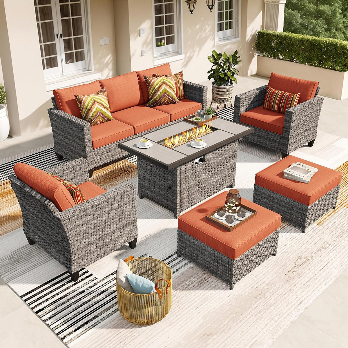 ovios 6 Pieces Patio Furniture Set with 42' Fire Pit Table, Outdoor Wicker Sofa with Comfy Cushions, All Weather High Back Rattan Couch Conversation Set, Orange Red