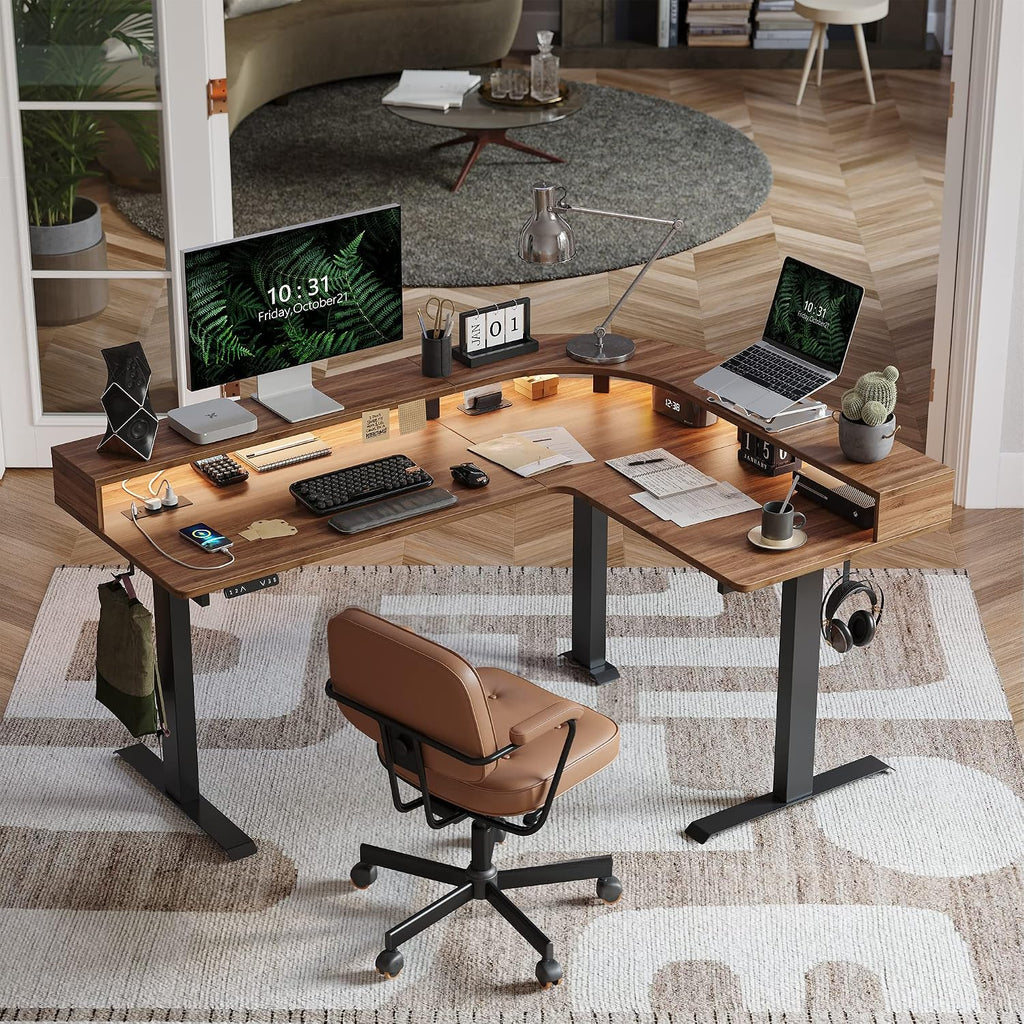 FEZIBO L Shaped Standing Desk with Arc LED & Power Outlet, Exclusive Uprated 3 Motors Support 330LBS, Electric Height Adjustable L Shaped Desk with Large Monitor Stand, for Gaming Office, Black Walnut