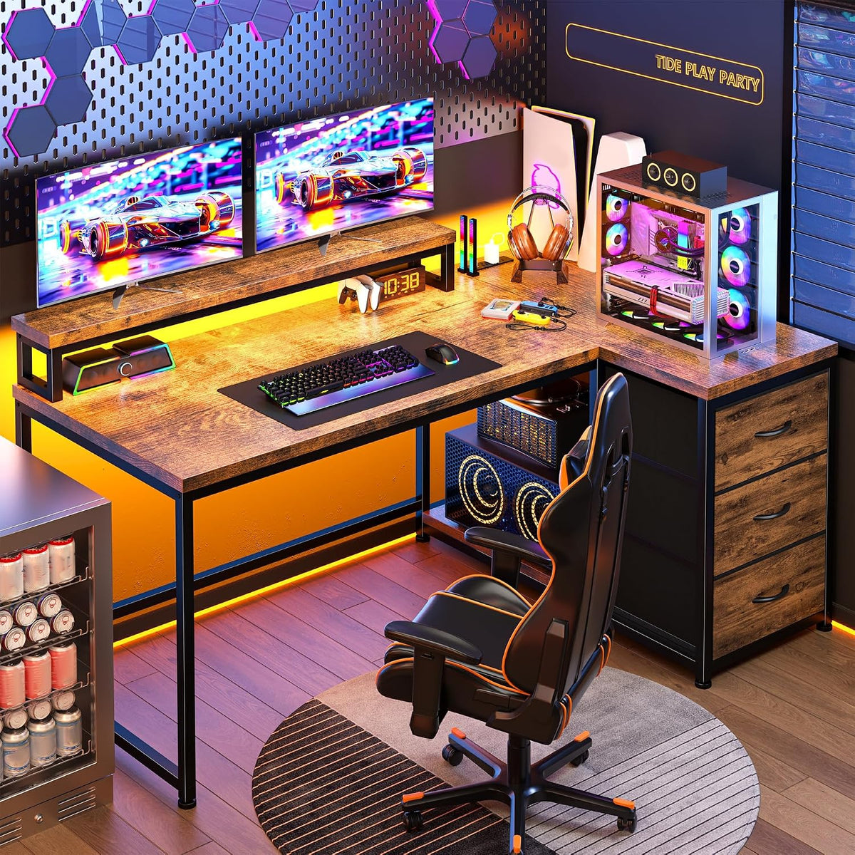 EnHomee L Shaped Gaming Desk with Monitor Stand & 3 Drawers, 48 Inch Computer Desk with Power Outlet Reversible Office Desk with LED Lights for Gaming, Study Room, Home Office, Rustic Brown