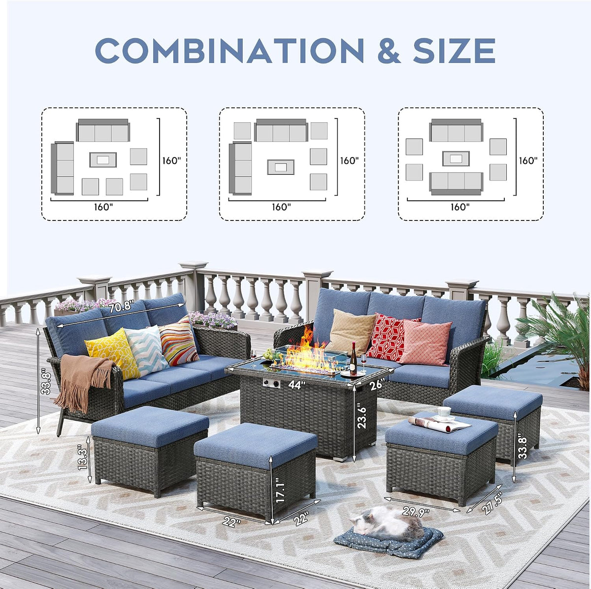 7 Seats Outdoor Patio Furniture Set with 44' Gas Fire Pit Table, Wicker Swivel Rocking Chairs Conversation Sets with Cushion, High Back Sectional Sofa with Gilder Chair for Yard Garden Porch, Blue
