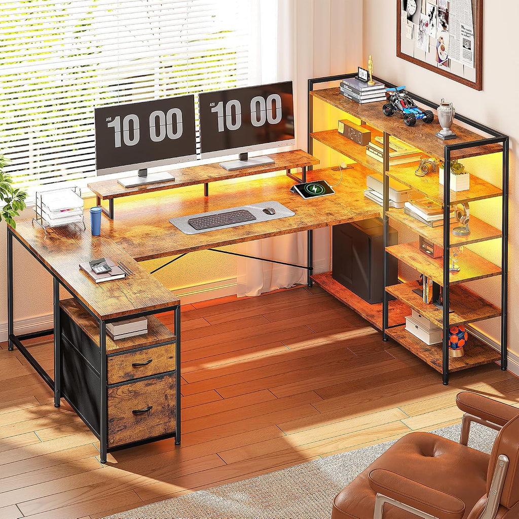 DurayLoly L Shaped Desk with Monitor Stand, 63'' Reversible U Shaped Office Desk with 6 Tire Storage Shelves & 2 Fabric Drawers, Gaming Desk with Power Outlet & LED Strip, Rustic Brown