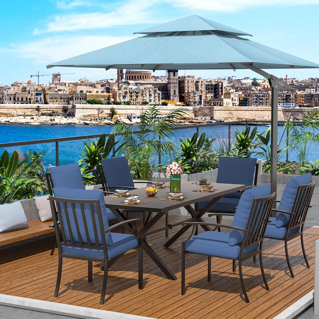 7-Piece Patio Dining Set Outdoor Conversation Set,Metal Outdoor Furniture Set with Umbrella Hole Cut-Out 78.7' x 35.4' Table and 6 Metal Backrest Chairs for Backyard,Garden,NavyBlue