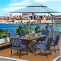 7-Piece Patio Dining Set Outdoor Conversation Set,Metal Outdoor Furniture Set with Umbrella Hole Cut-Out 78.7' x 35.4' Table and 6 Metal Backrest Chairs for Backyard,Garden,NavyBlue
