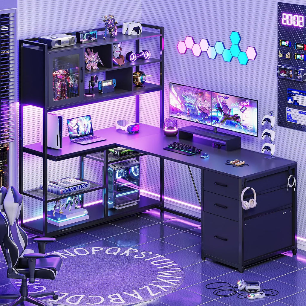 SEDETA L Shaped Computer Desk, 58'' Office Desk with 3 Drawers and Bookshelf, L Shaped Corner Desk with Storage Shelves and LED Light for Home Office, Gaming Desk, L Desk, Black
